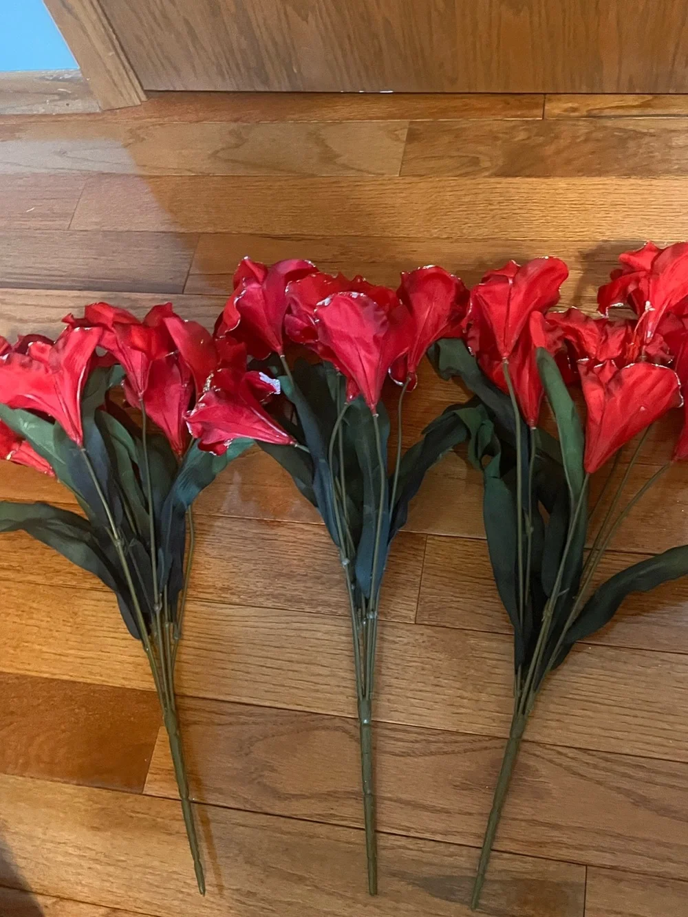 3 Bunches of Faux Red Flowers w/Silver Trim & 4 Stems of Teardrop Crystals